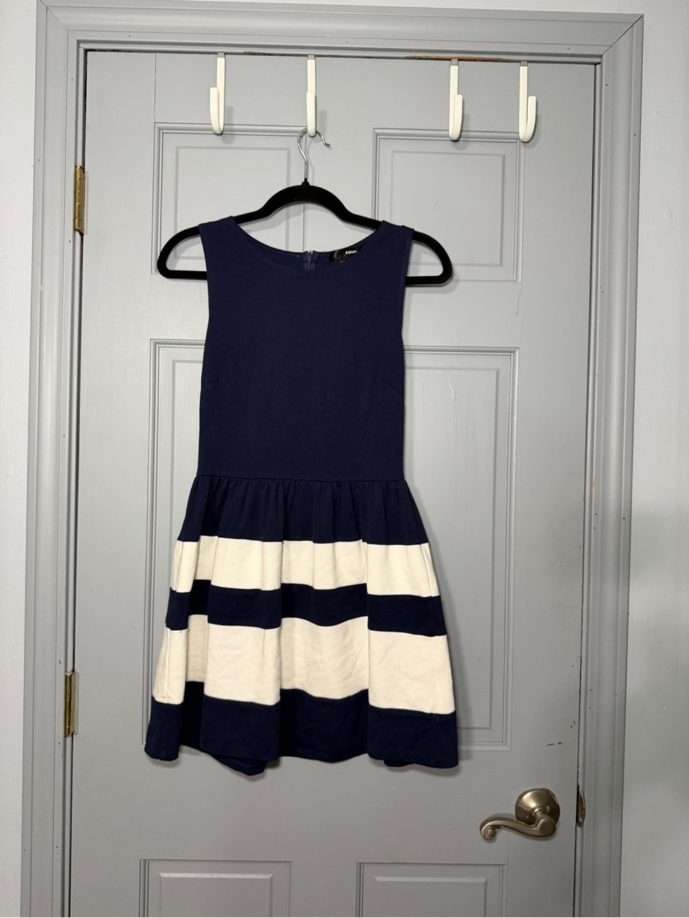 Aqua Navy and Cream Striped Fit-and-Flare Dress